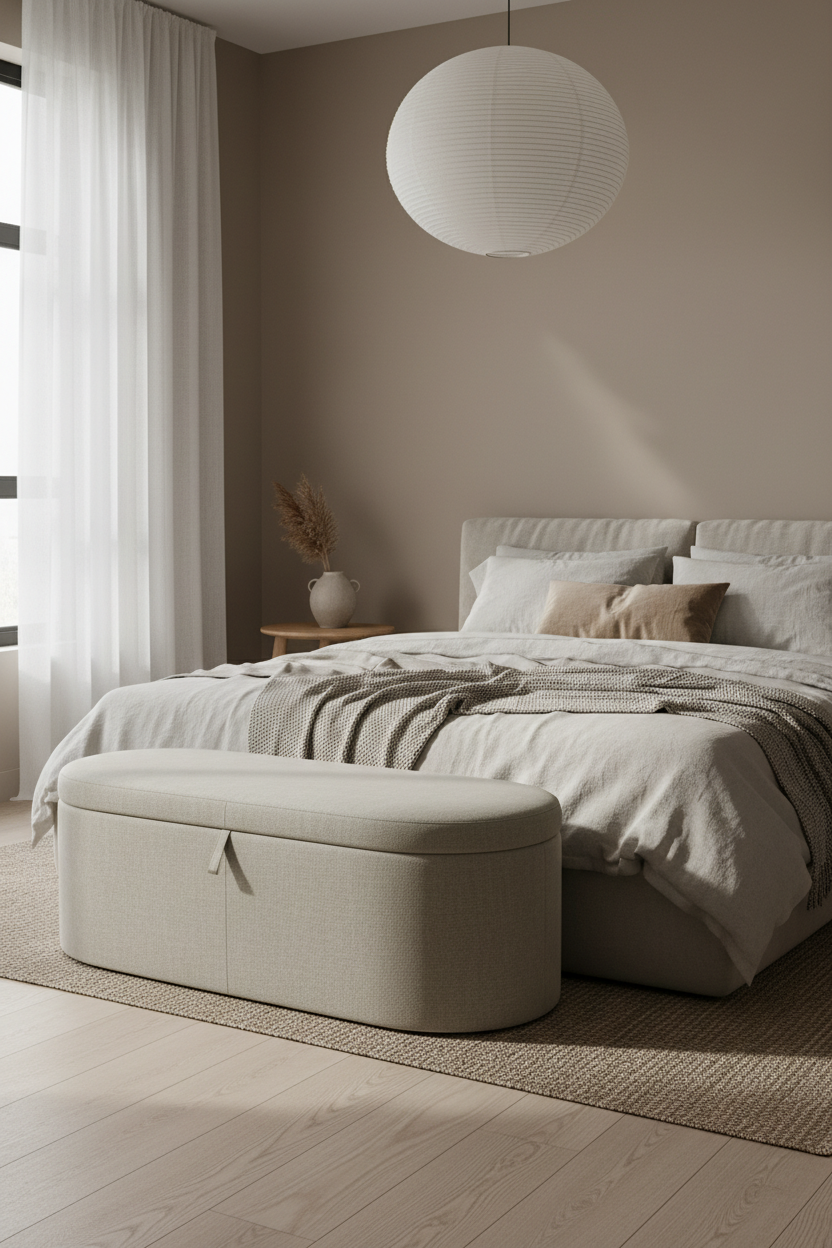 Oval linen storage ottoman styled at the foot of a bed in a minimal Japandi bedroom