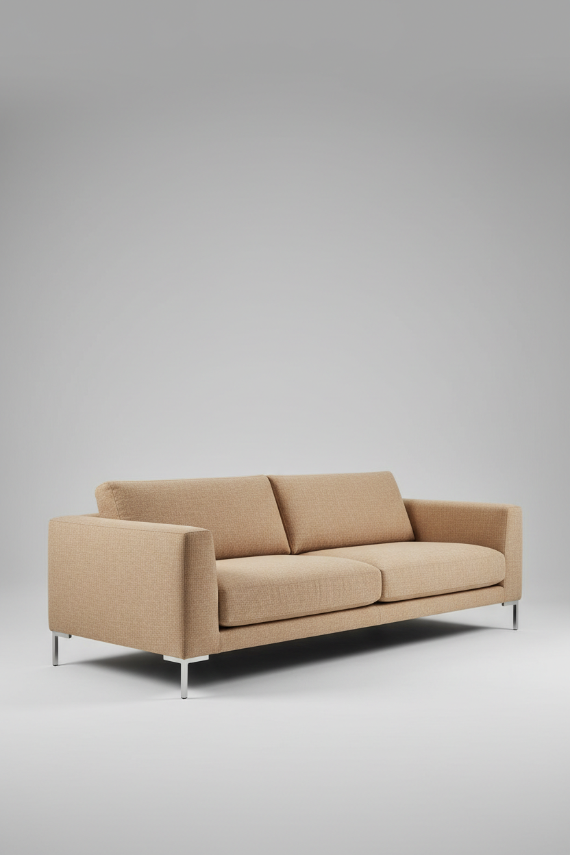 Contemporary sofa in desert sand fabric, 45-degree angle view