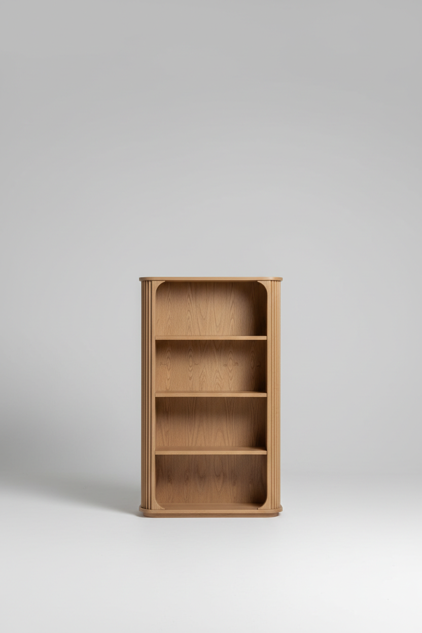 Vertical Wave Shelf in Desert Oak – Minimal clean studio setup