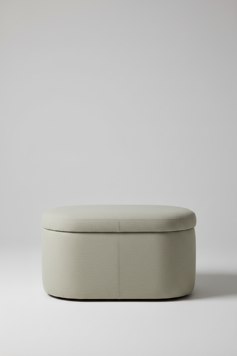 Back view of oval sage beige linen storage ottoman