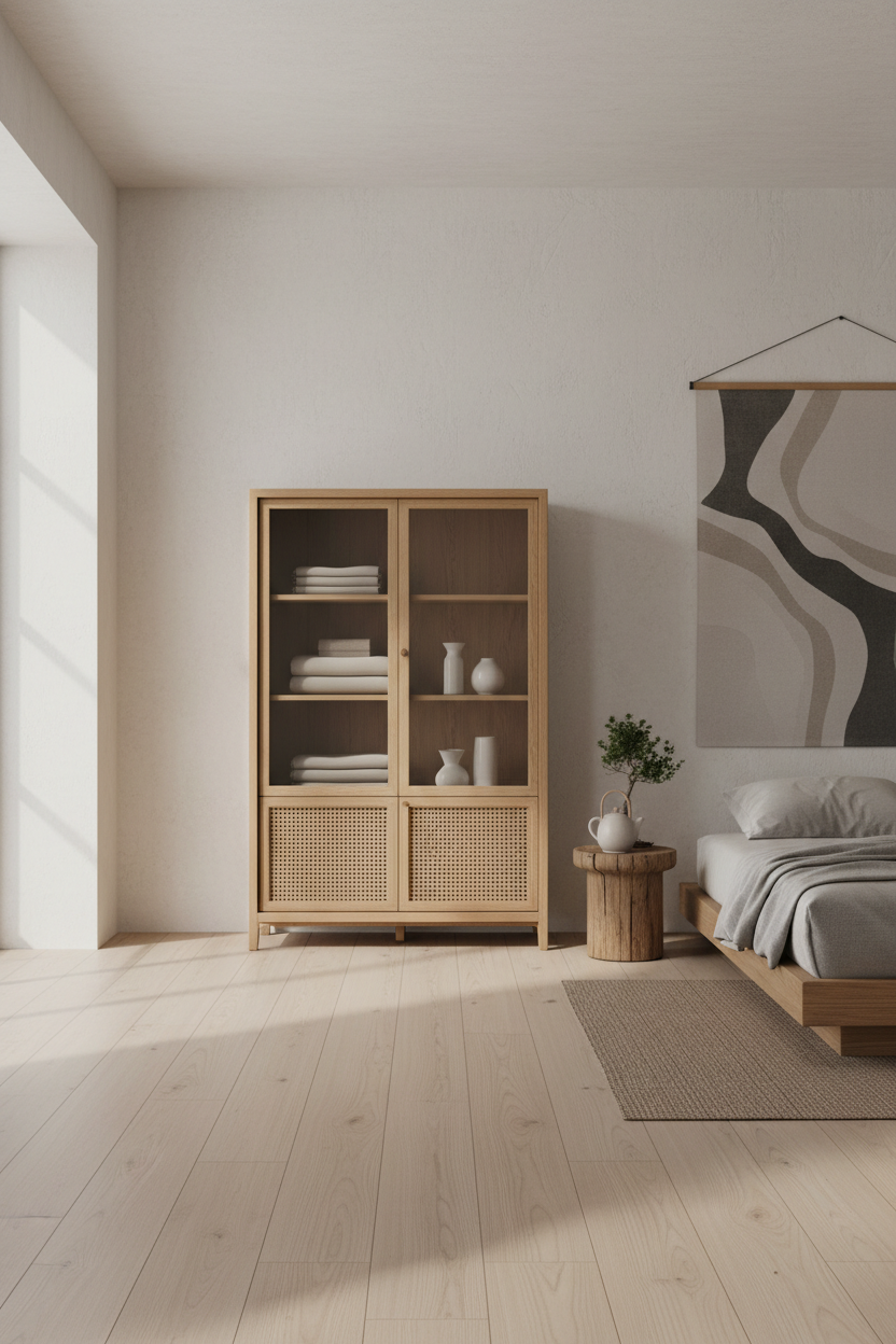 Nordic Display Cabinet in Light Oak – Wide Japandi room scene