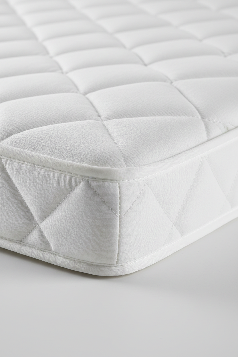 Detailed texture shot of premium quilted mattress fabric showing fine diamond stitching and edge binding