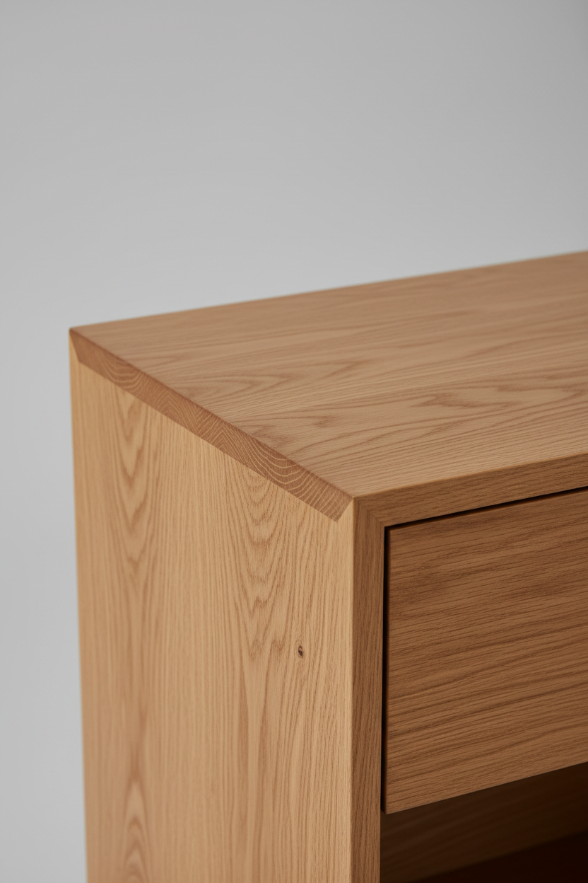 Close-up of warm natural oak wood grain texture on Japandi nightstand