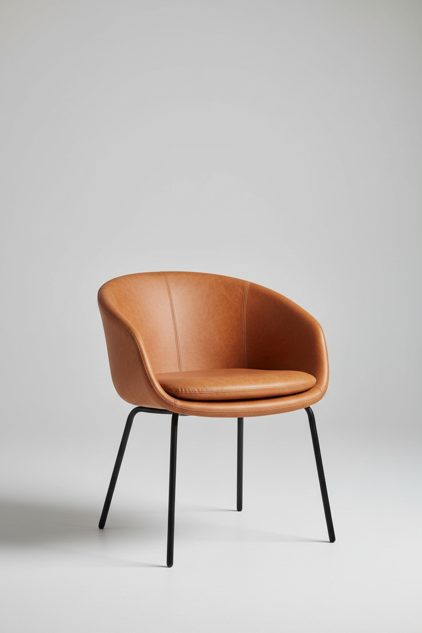 Sculpt Dining Chair hero shot, caramel leather, slim metal legs, light grey background