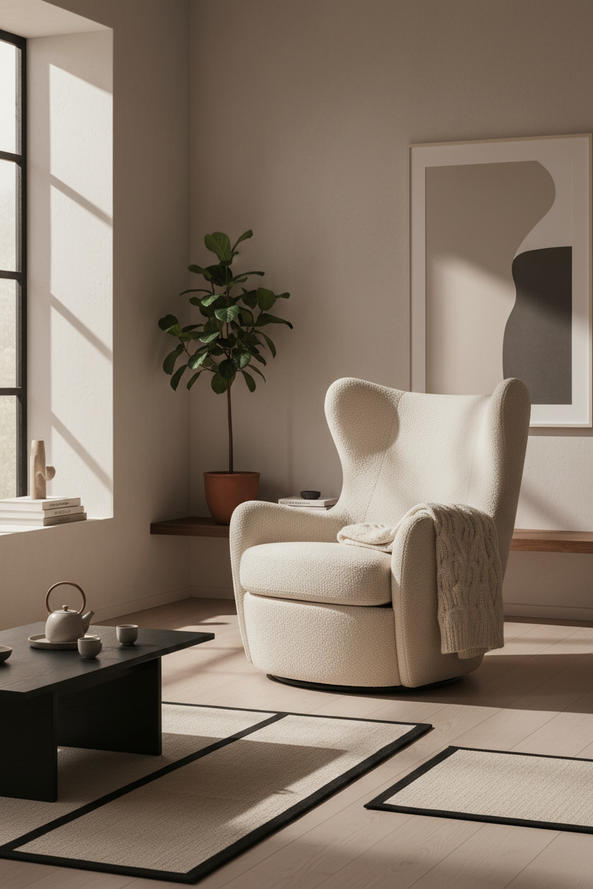 Wing Lounge Chair in Ivory Cream styled in a Japandi living room