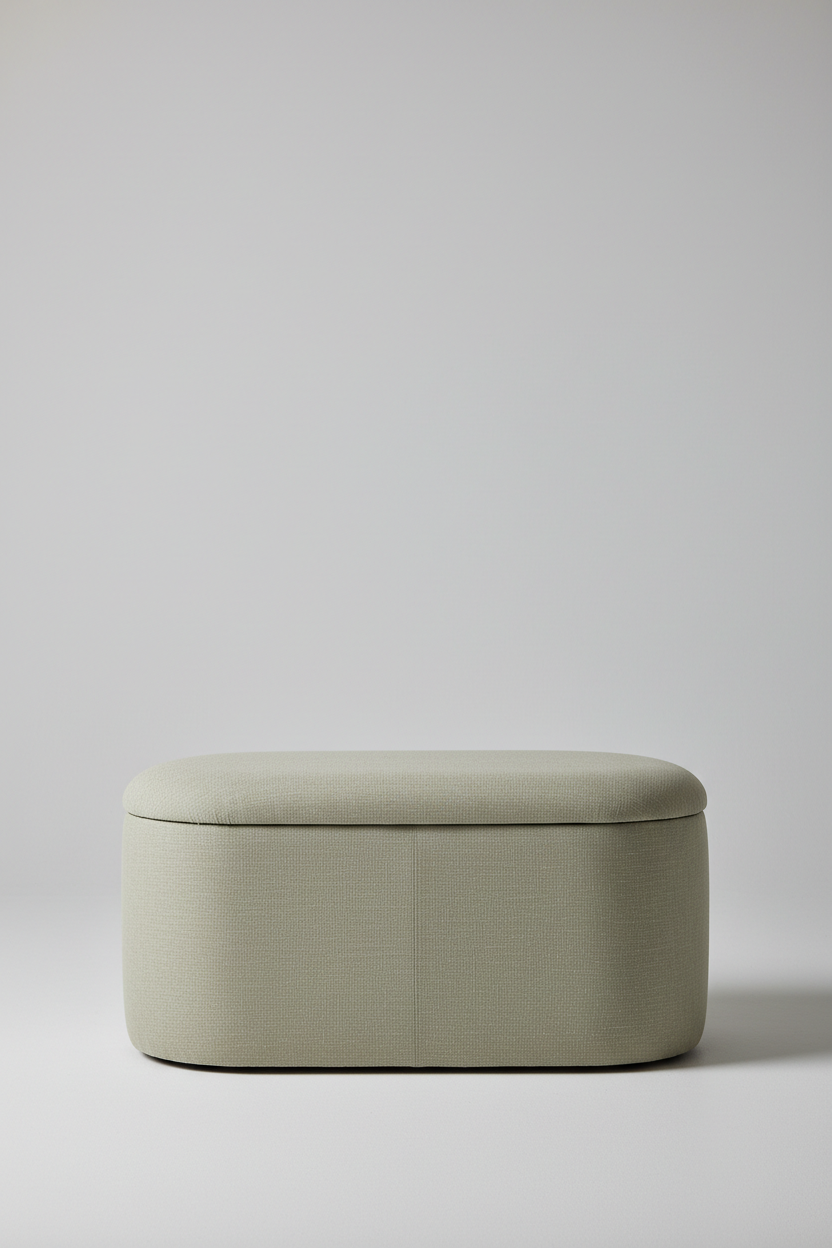 Side view of oval sage beige linen storage ottoman