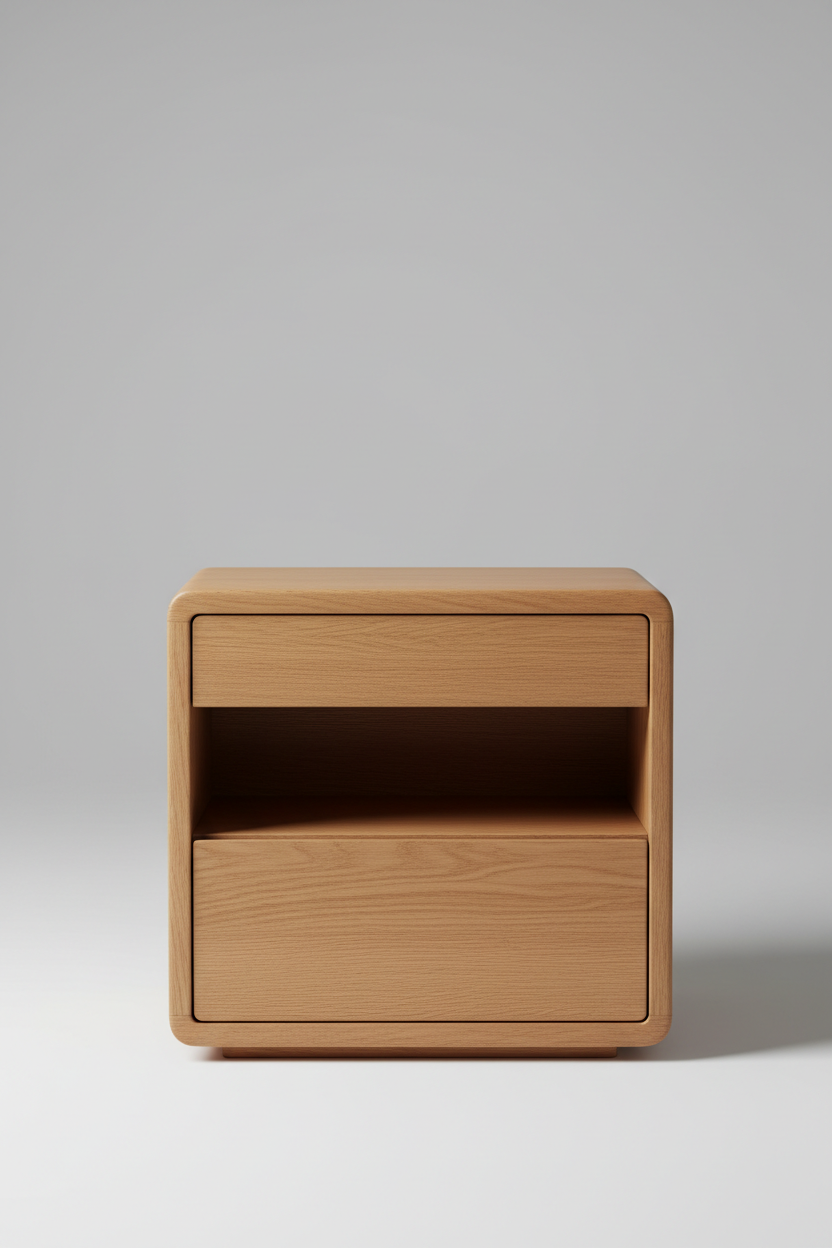 Front view of solid oak nightstand with warm natural wood finish