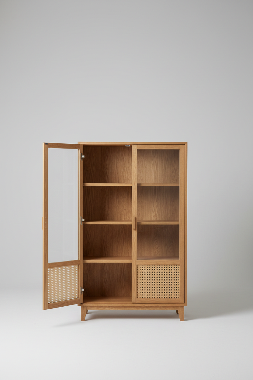 Nordic Display Cabinet in Light Oak – Glass door open showing interior shelves