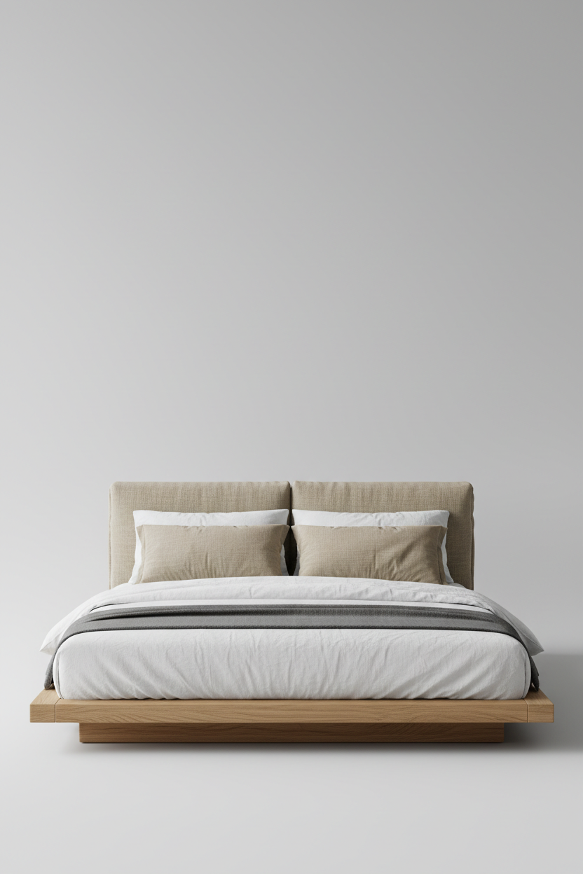 Low profile platform bed with padded beige linen headboard and oak frame, hero shot on light grey background