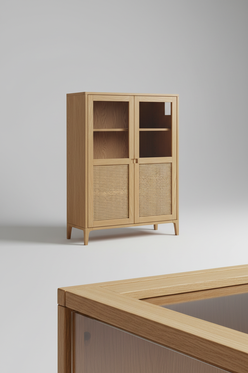 Nordic Display Cabinet in Light Oak – Oak frame joinery and cane panel corner detail