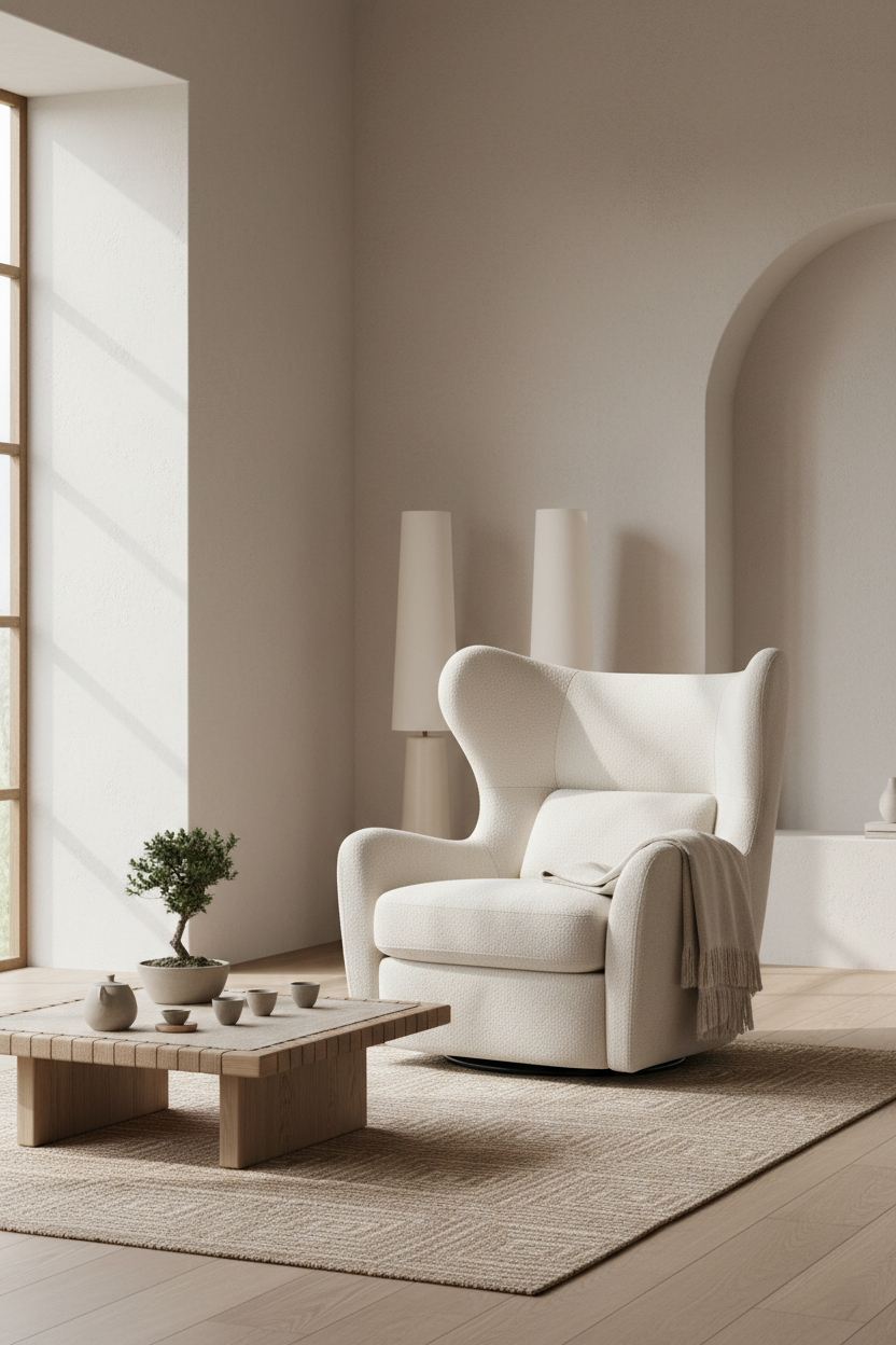 Wing Lounge Chair in Ivory Cream in a wide Japandi living room scene