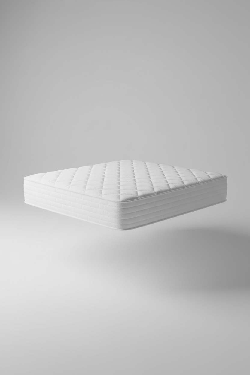 Minimal composition of premium foam mattress floating in generous negative space on light grey background