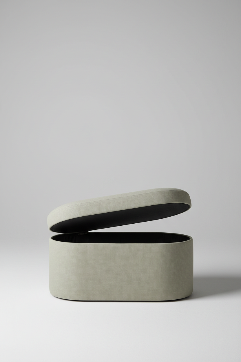 Oval linen storage ottoman with lid open revealing hidden storage compartment