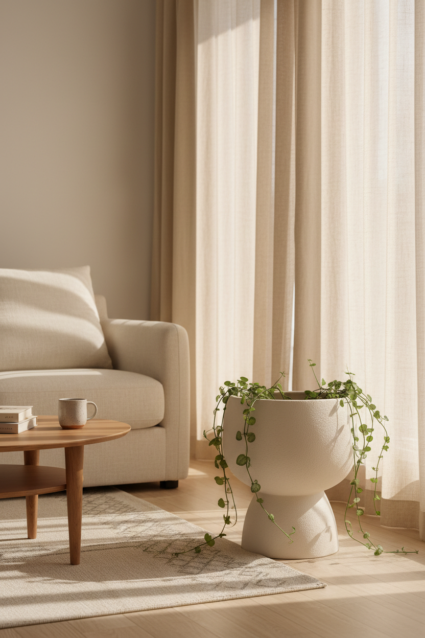 Terra Stone Planter in Ivory Cream – Lifestyle scene in serene Japandi interior