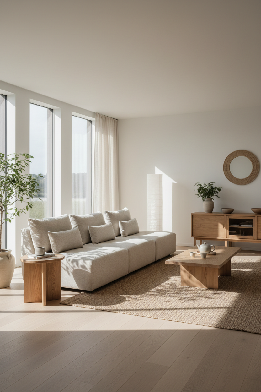Modular Sofa in Oat Beige in a wide Japandi living room scene