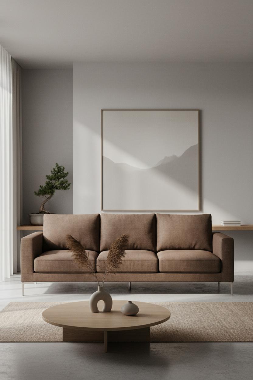 Contemporary sofa in cocoa brown fabric, lifestyle living room scene