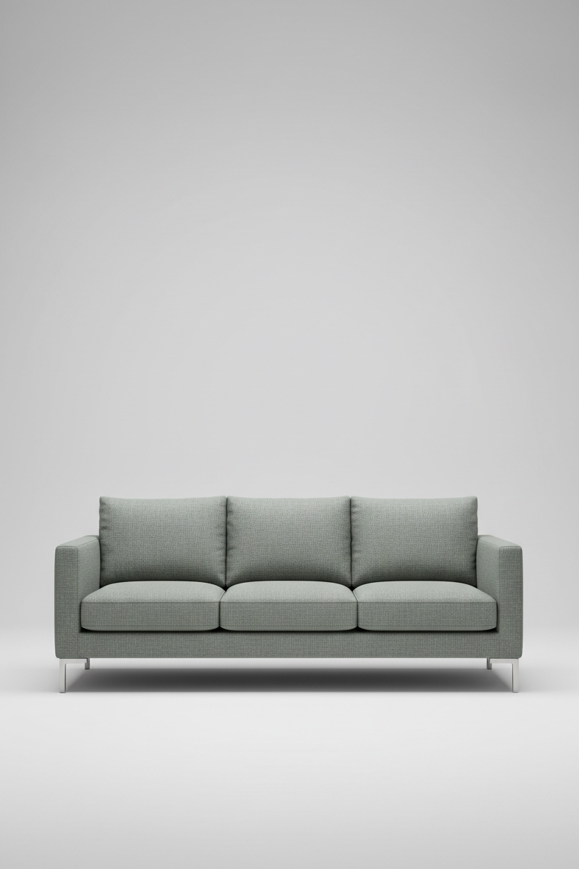 Contemporary sofa in sage grey fabric, front view