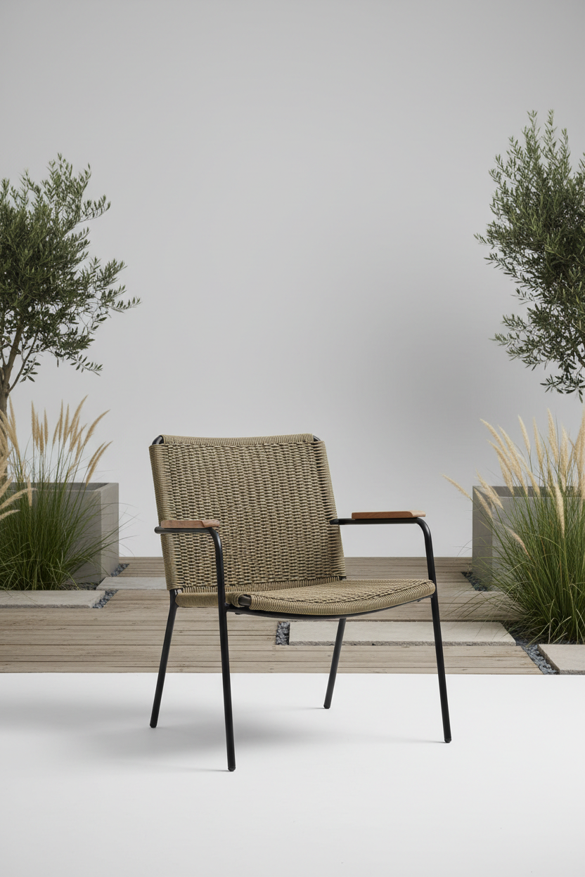 Woven Outdoor Chair in Olive Sand — Lifestyle image