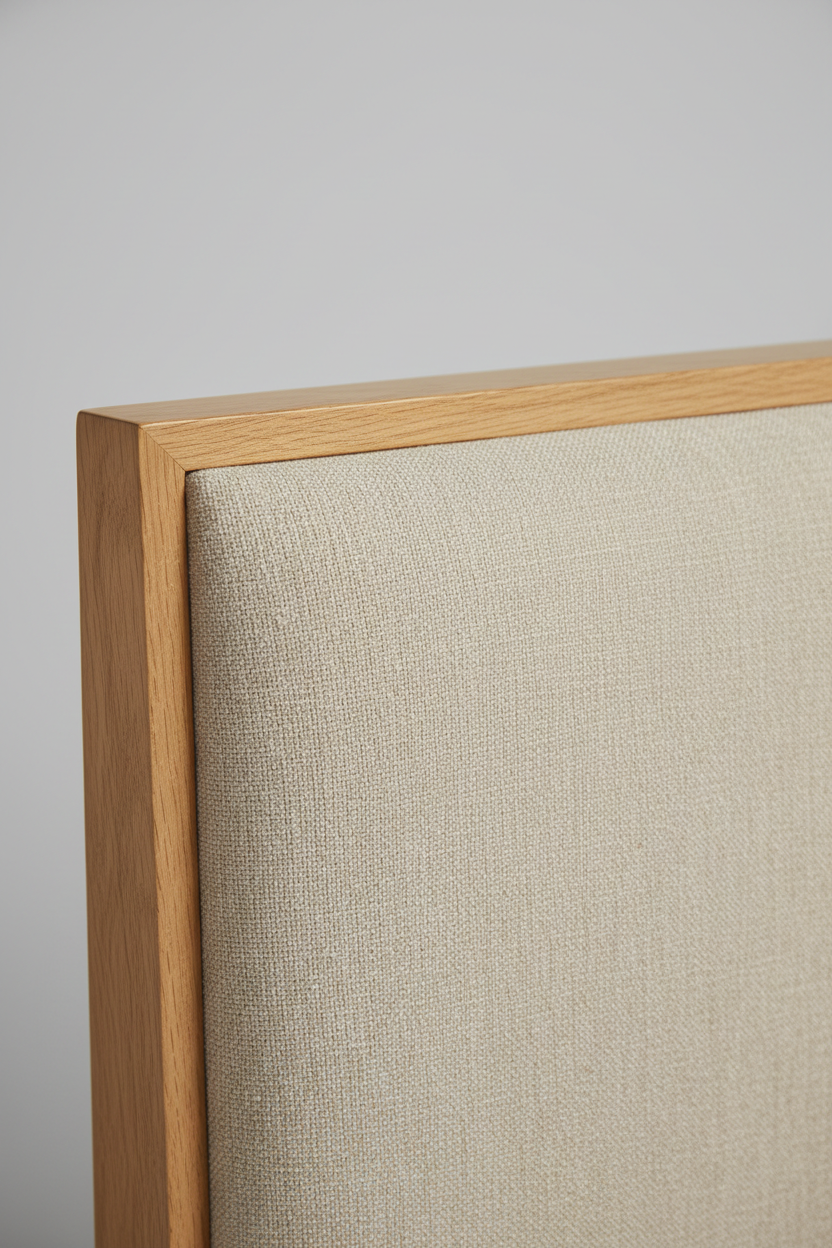 Detailed texture shot of beige linen upholstery and oak wood frame on platform bed