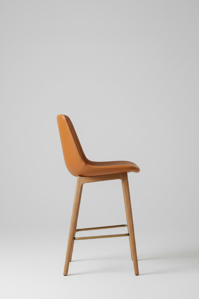 High-back bar chair in warm caramel leather, side profile view
