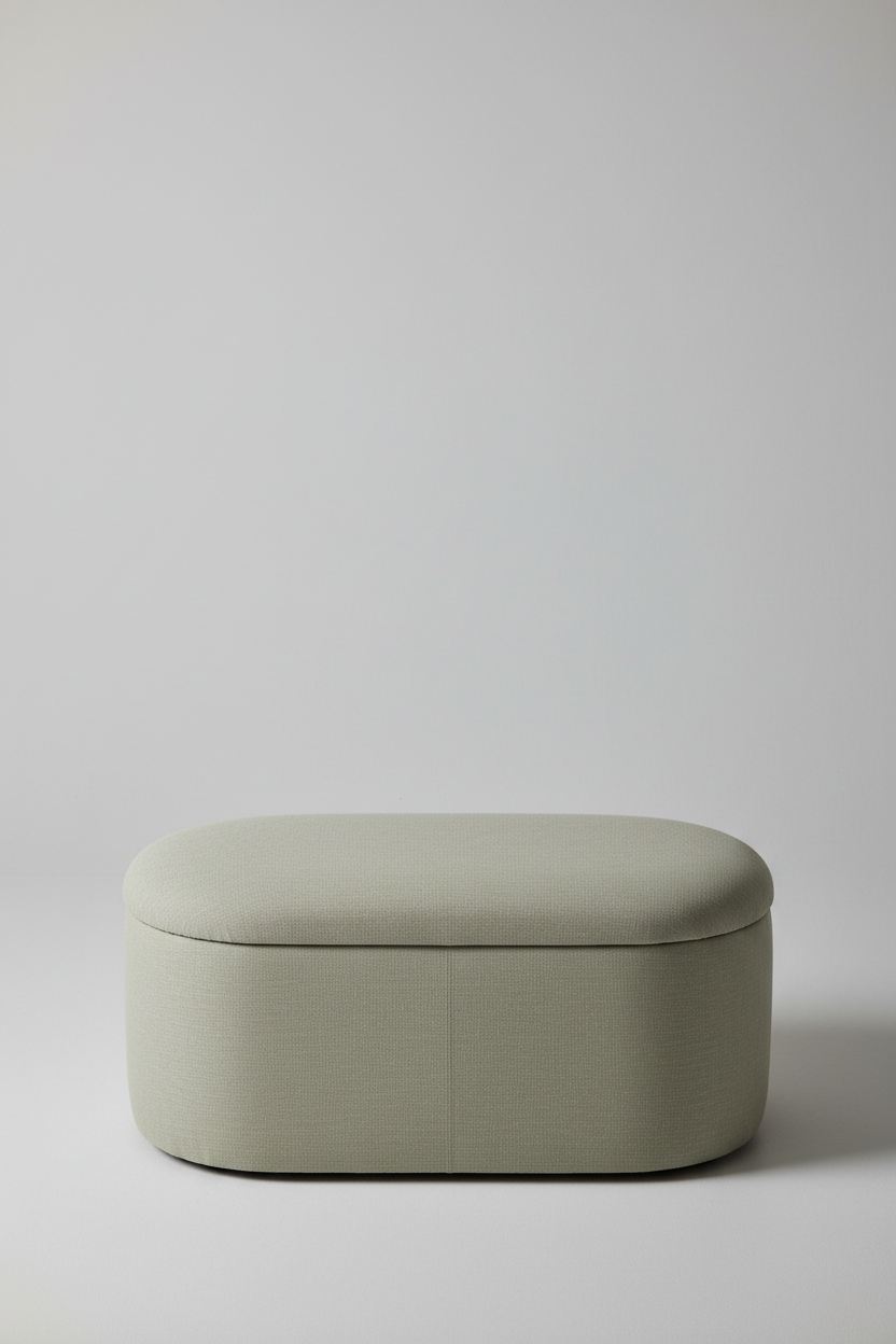 Top-down view of oval sage beige linen storage ottoman