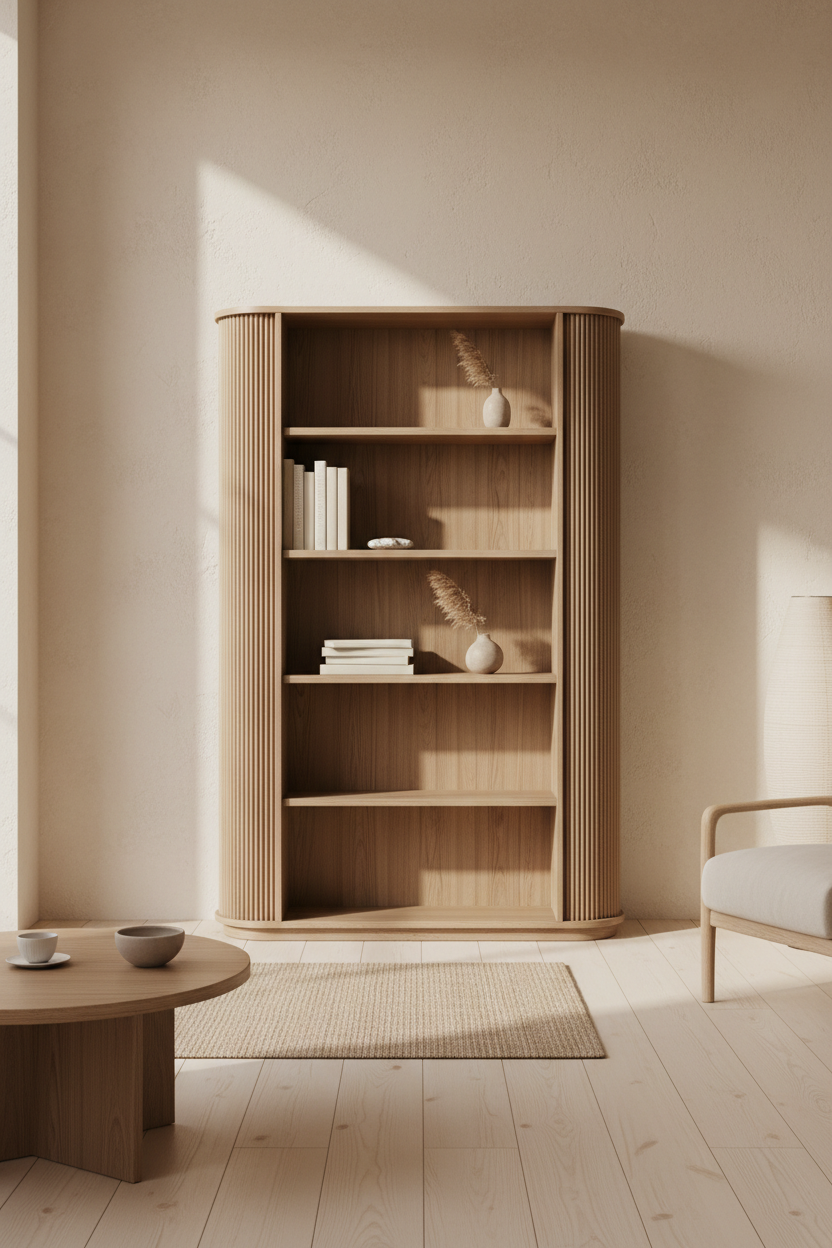 Vertical Wave Shelf in Desert Oak – Wide Japandi room scene
