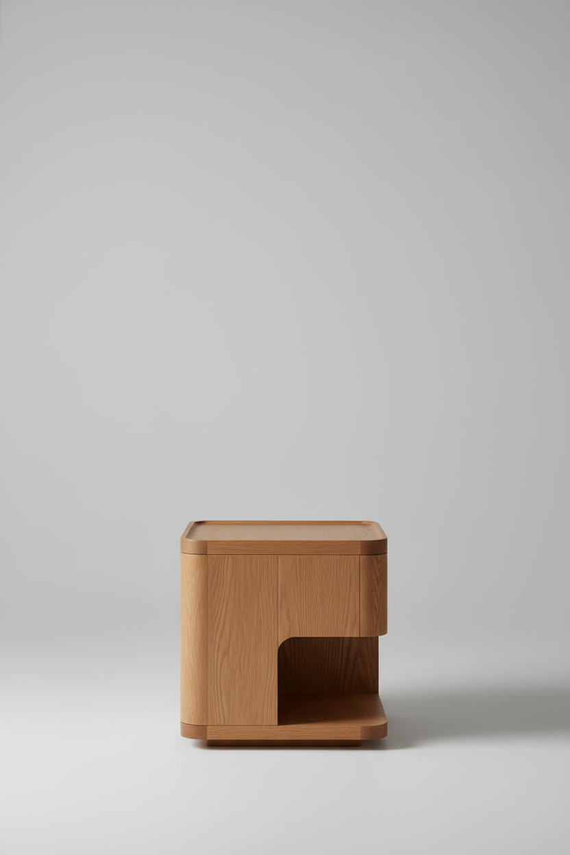 Side view of solid oak nightstand with rounded corners