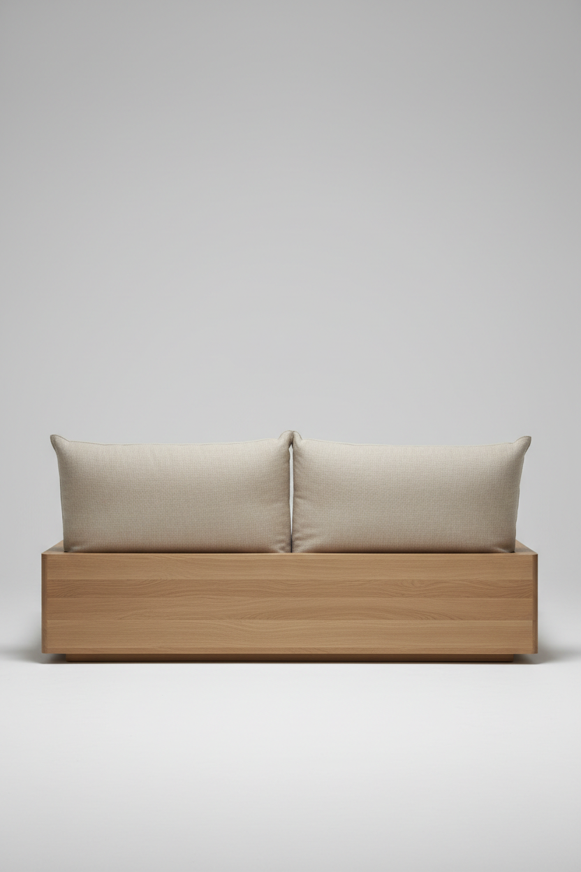 Back view of upholstered platform bed with beige linen and oak wood frame