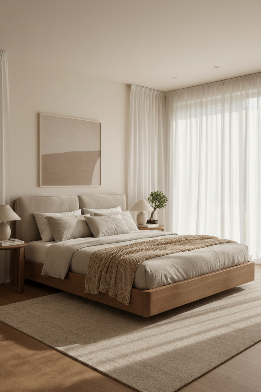 Low profile platform bed with beige linen headboard in a serene minimal Japandi bedroom