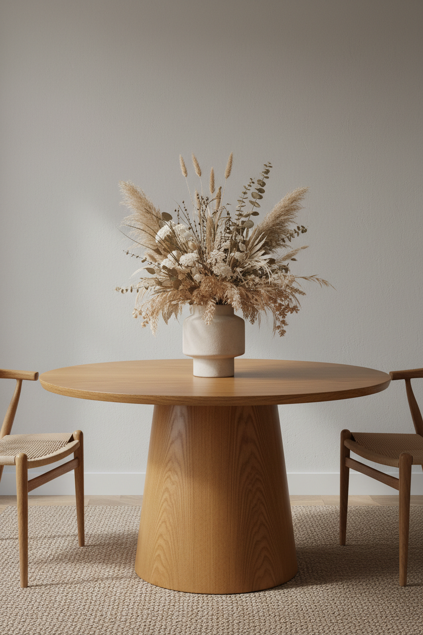 Pedestal Dining Table in Honey Maple, styled Japandi interior