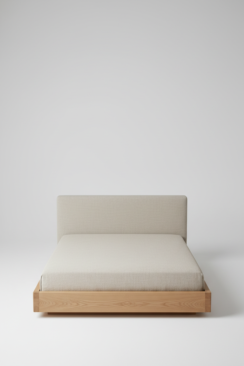 Top-down view of low profile platform bed with padded beige linen headboard