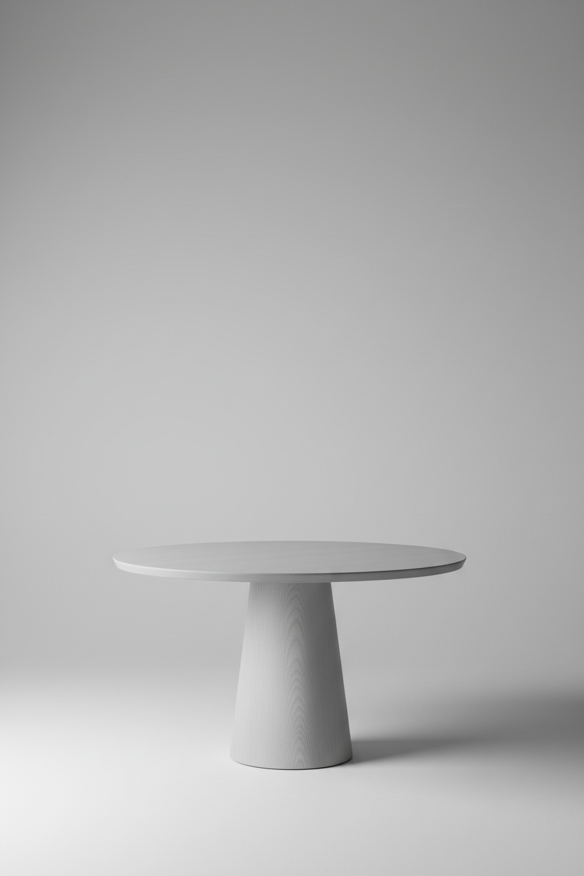Pedestal Dining Table in White Ash, minimal studio setup