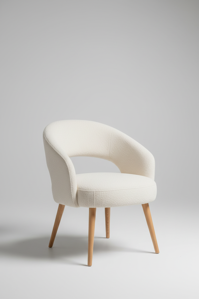 45-degree angle view of cream bouclé accent chair with curved backrest and wooden legs