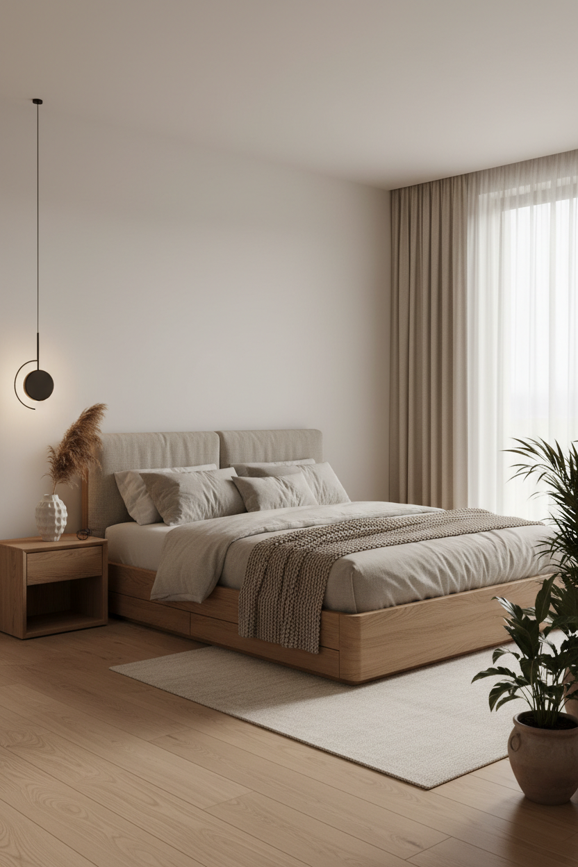 Platform bed with beige linen headboard in a curated Japandi bedroom with oak nightstand and ceramic vase
