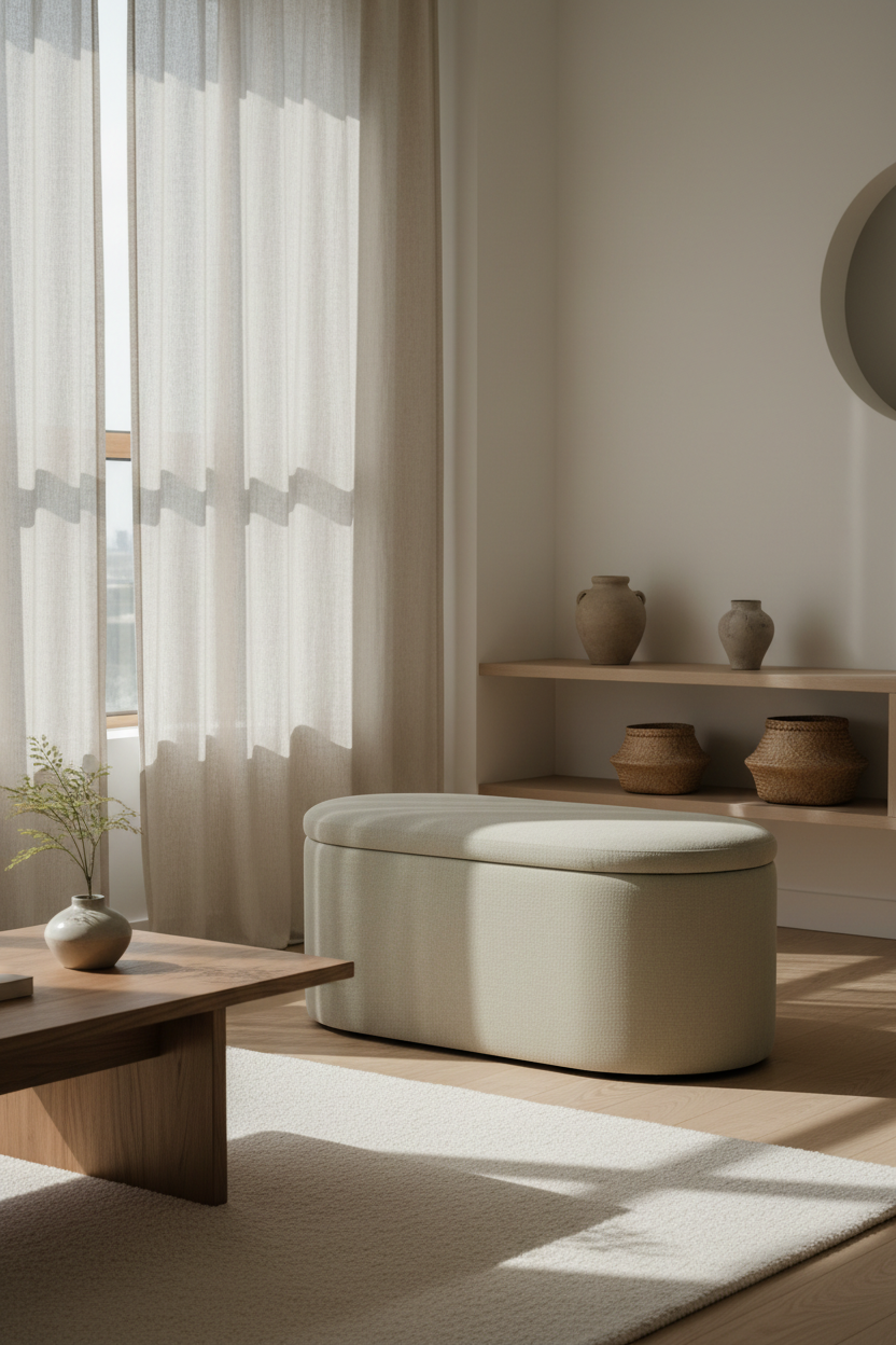 Linen storage ottoman in a warm Japandi living space with morning light