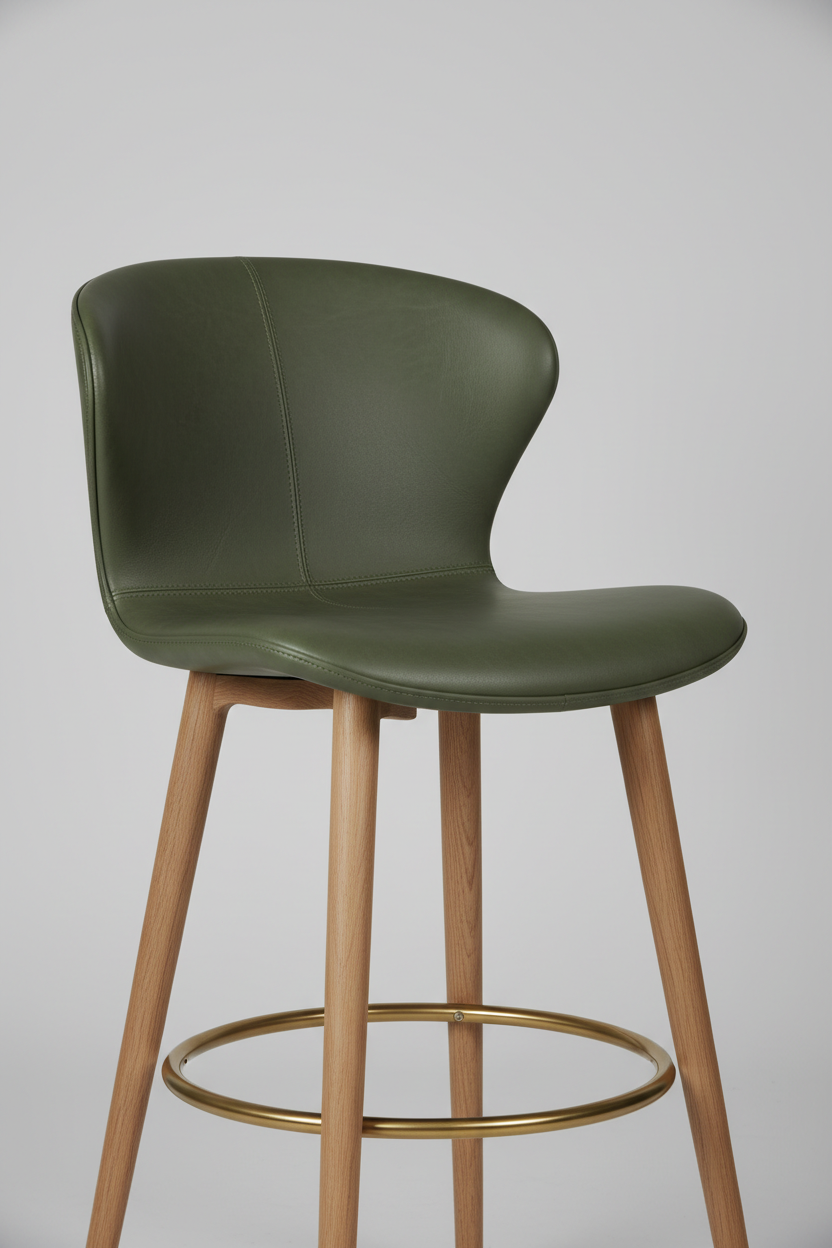 High-back bar chair forest olive leather close-up texture detail