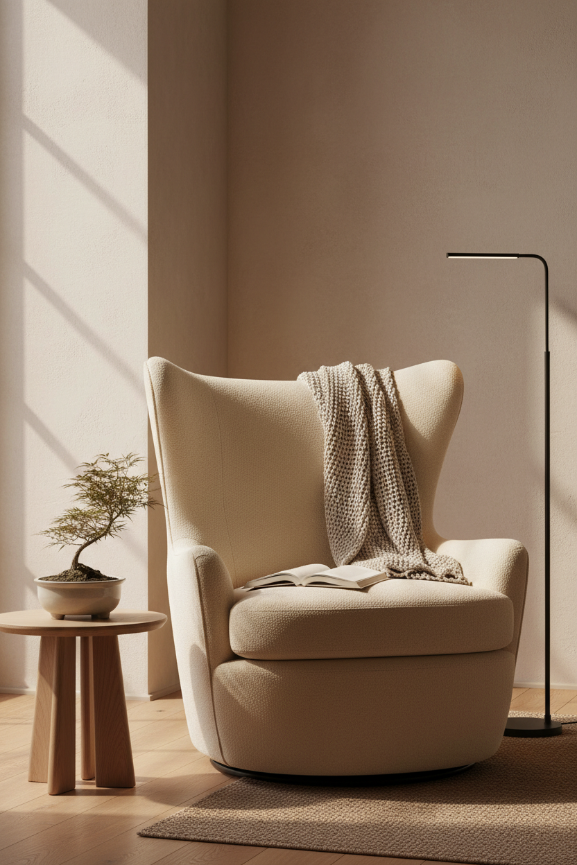 Wing Lounge Chair in Ivory Cream in a cozy Japandi reading nook