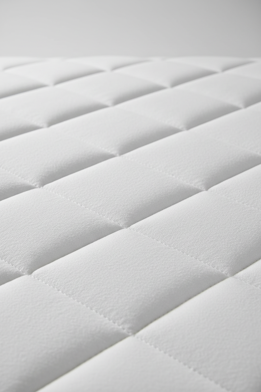 Close-up of premium quilted mattress fabric showing diamond stitching pattern and soft white texture