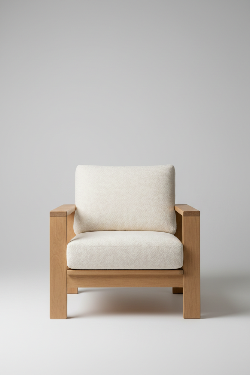 Wooden Armchair in Cream Bouclé — Front View