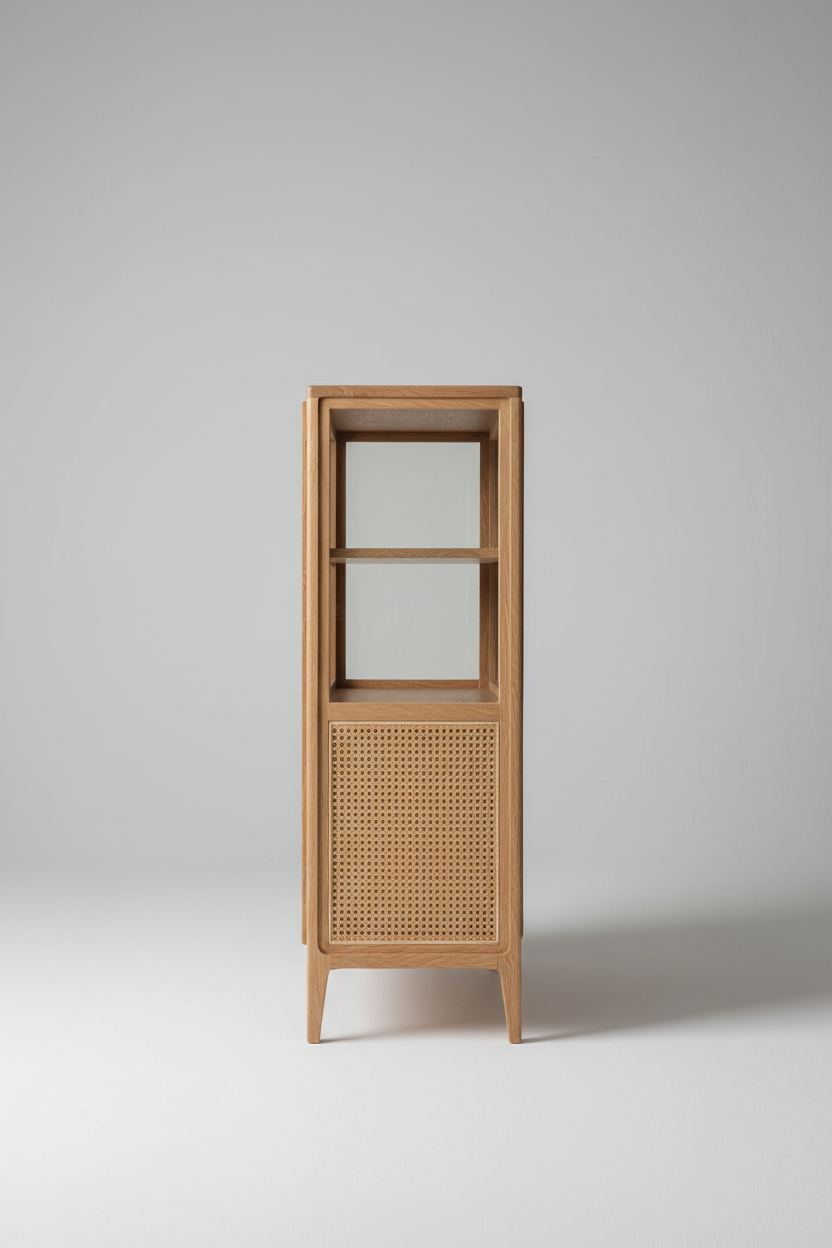 Nordic Display Cabinet in Light Oak – Side view showing cabinet depth and cane panel
