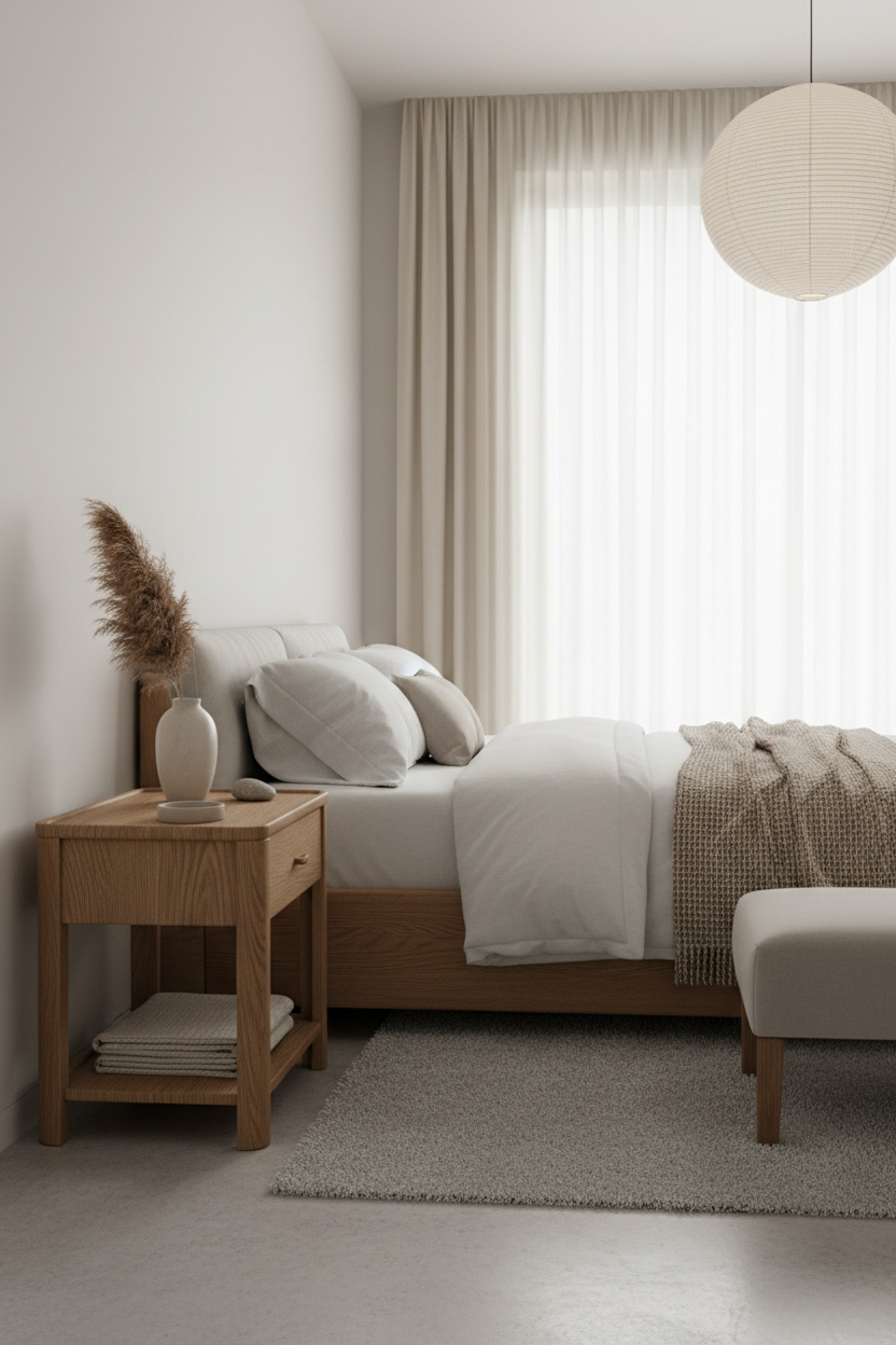 Oak nightstand in a curated Japandi bedroom with ceramic vase and soft ambient lighting