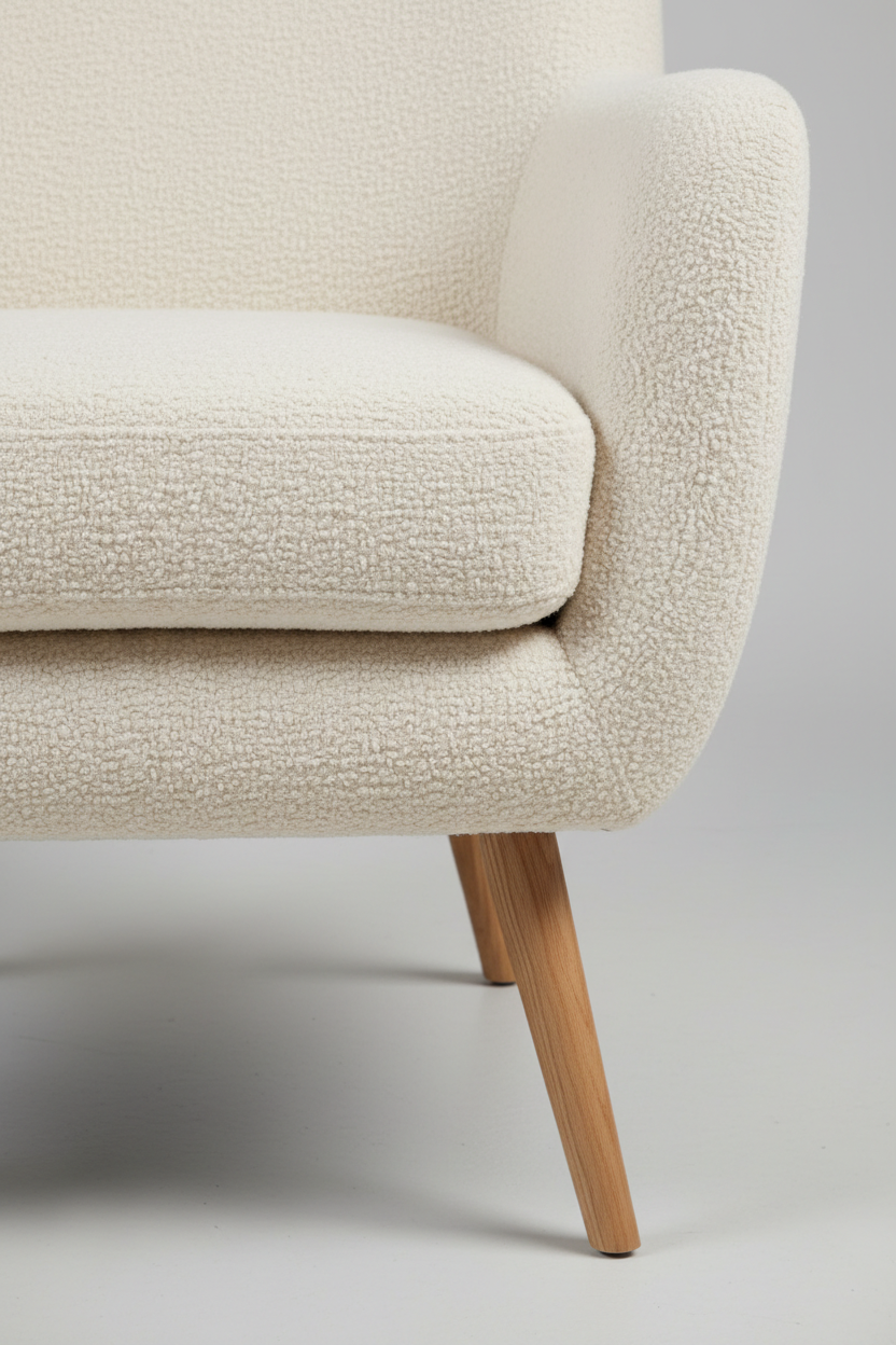Detailed texture shot of cream bouclé looped pile fabric and tapered wooden leg on accent chair