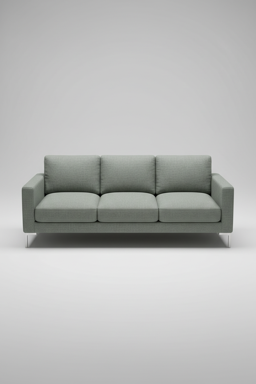 Contemporary sofa in sage grey fabric, overhead top view