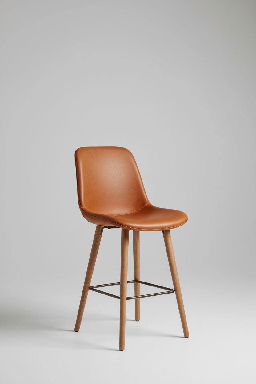 High-back bar chair in warm caramel leather, hero shot, studio lighting