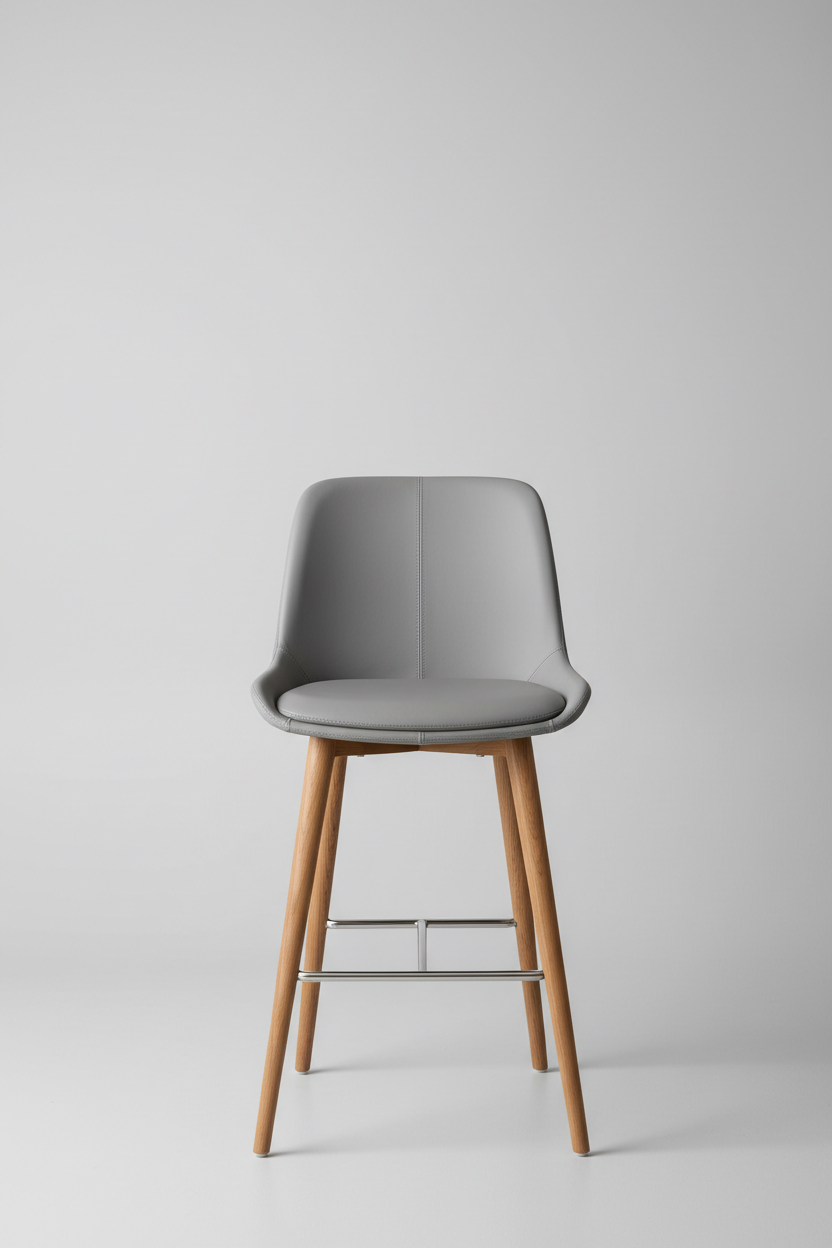 High-back bar chair in ash grey leather, hero shot