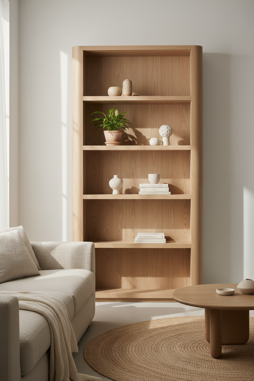 Vertical Wave Shelf in Desert Oak – Lifestyle scene in serene Japandi interior