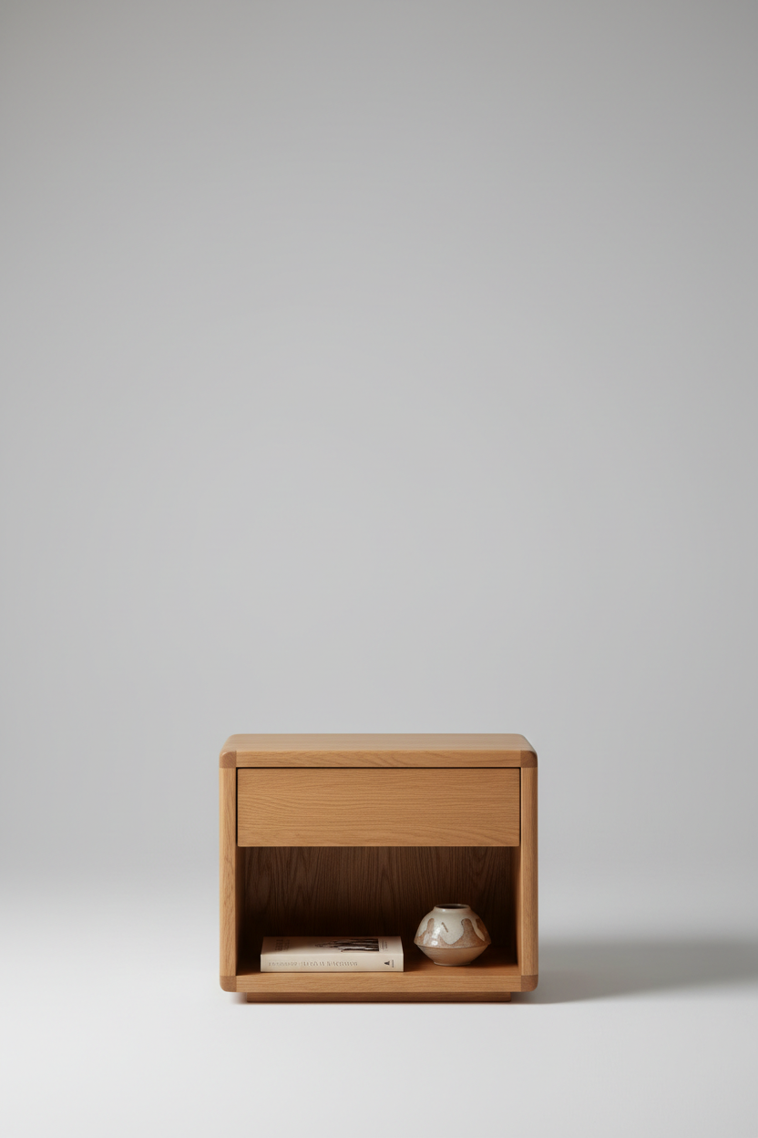 Oak nightstand open shelf styled with a small book and ceramic object