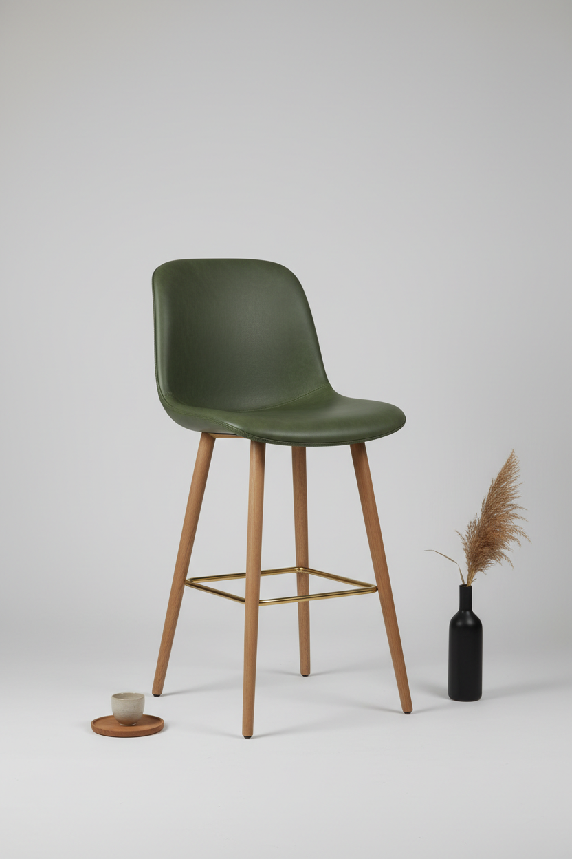 High-back bar chair in forest olive leather, styled interior Japandi composition