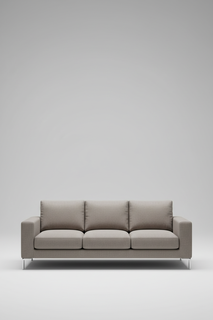 Contemporary sofa in mist taupe fabric, minimal wide scene