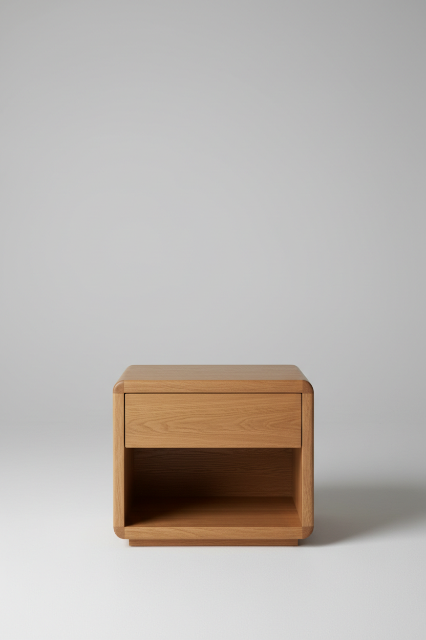 Top-down view of solid oak nightstand showing surface and open shelf